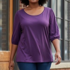 Ralph Lauren Purple Scoop Neck Three-Quarter Sleeve Top Embroidery Logo